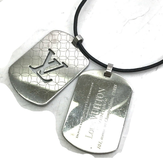 LOUIS VUITTON Necklace M65453 Stainless Steel , Leather Silver Dog Tag Choker Pandanthif Champs Elysees GM mens Used Authentic