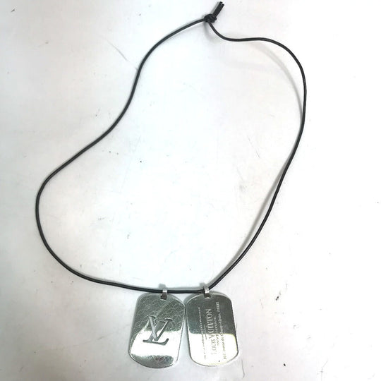 LOUIS VUITTON Necklace M65453 Stainless Steel , Leather Silver Dog Tag Choker Pandanthif Champs Elysees GM mens Used Authentic