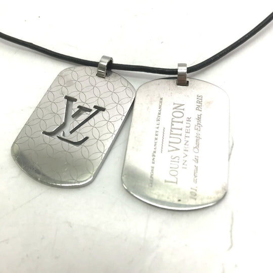 LOUIS VUITTON Necklace M65453 Stainless Steel , Leather Silver Dog Tag Choker Pandanthif Champs Elysees GM mens Used Authentic