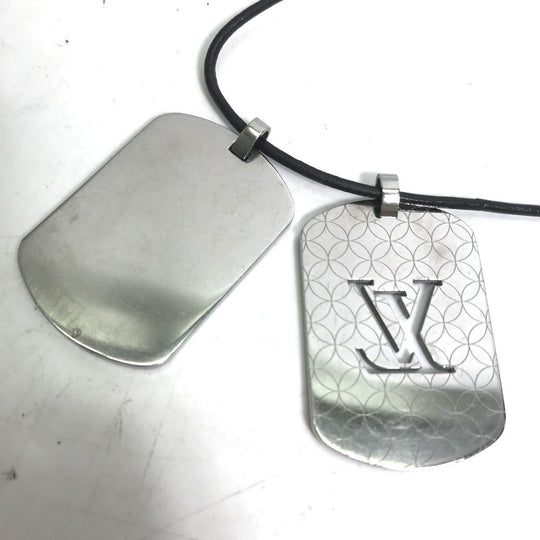 LOUIS VUITTON Necklace M65453 Stainless Steel , Leather Silver Dog Tag Choker Pandanthif Champs Elysees GM mens Used Authentic