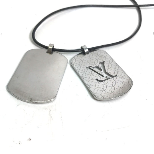 LOUIS VUITTON Necklace M65453 Stainless Steel , Leather Silver Dog Tag Choker Pandanthif Champs Elysees GM mens Used Authentic