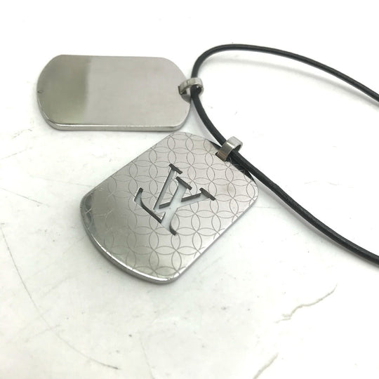 LOUIS VUITTON Necklace M65453 Stainless Steel , Leather Silver Dog Tag Choker Pandanthif Champs Elysees GM mens Used Authentic
