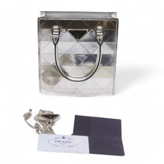 Prada Handbag Metallic Leather Silver Women Shoulder Bag Chain Strap Made in Italy