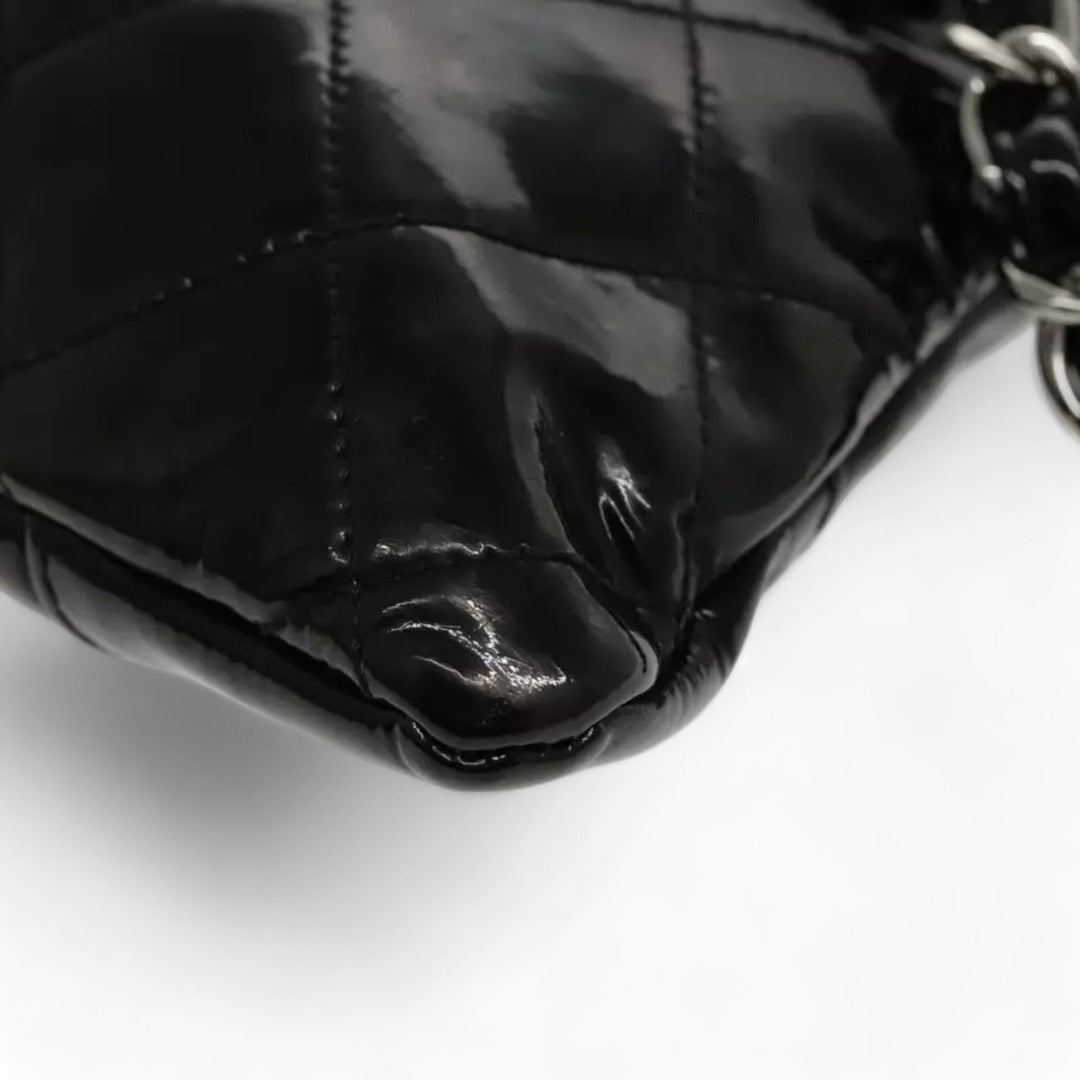 CHANEL Matelasse Chain Shoulder Bag Patent Leather Black Silver CC