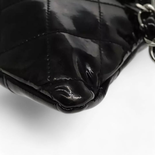CHANEL Matelasse Chain Shoulder Bag Patent Leather Black Silver CC