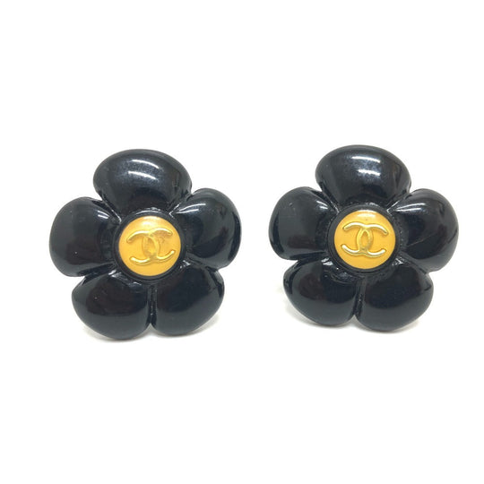CHANEL Earring plastic black 96P COCO Mark Flower Black Women Used Authentic