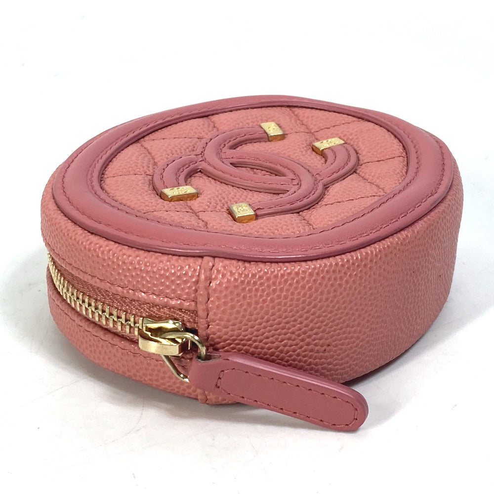 CHANEL Coin case Caviar skin pink Wallet Coin Pocket Round filigree Women Used Authentic