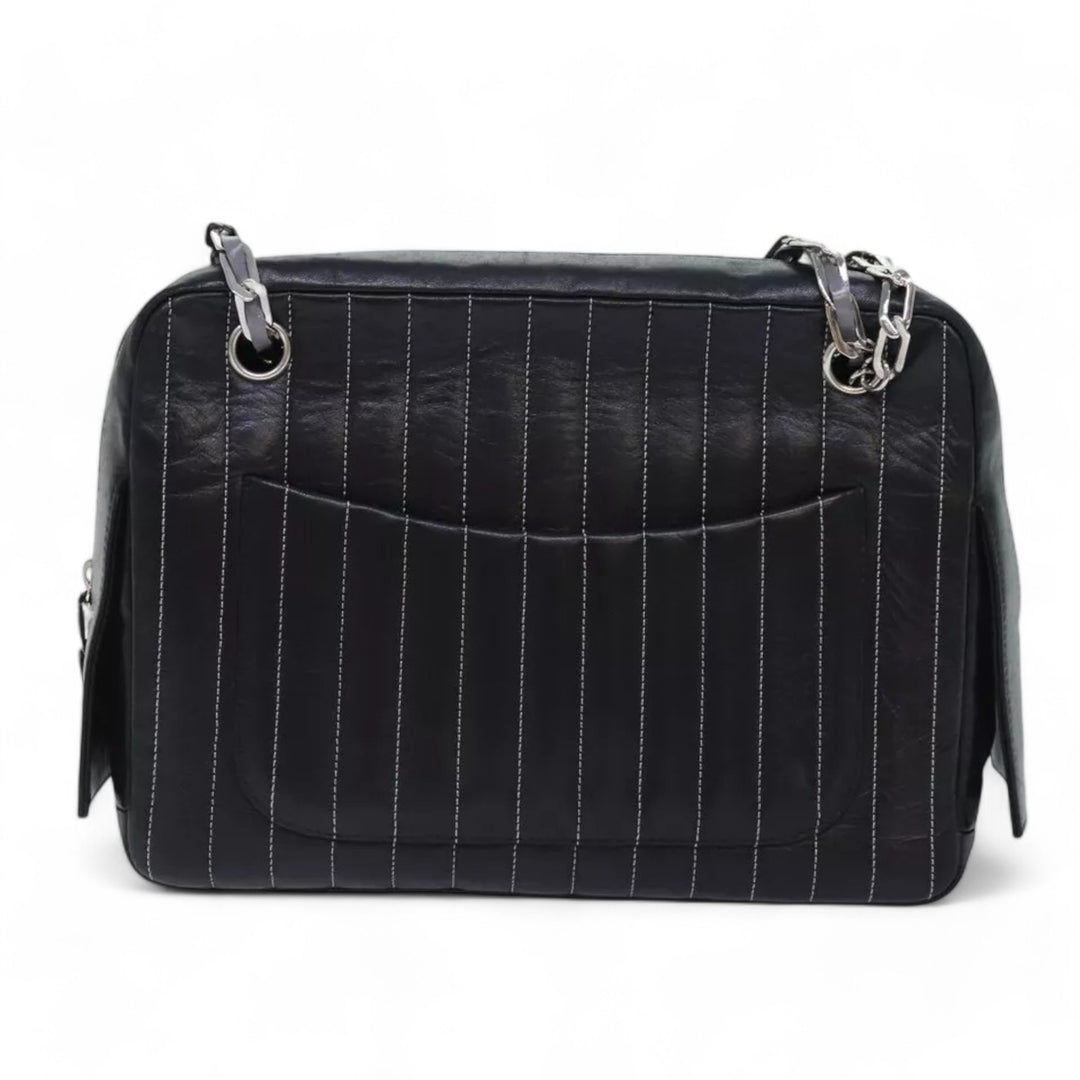 CHANEL Chain Shoulder Bag Leather Silver Black CC Women's Handbag