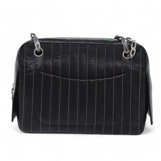 CHANEL Chain Shoulder Bag Leather Silver Black CC Women's Handbag