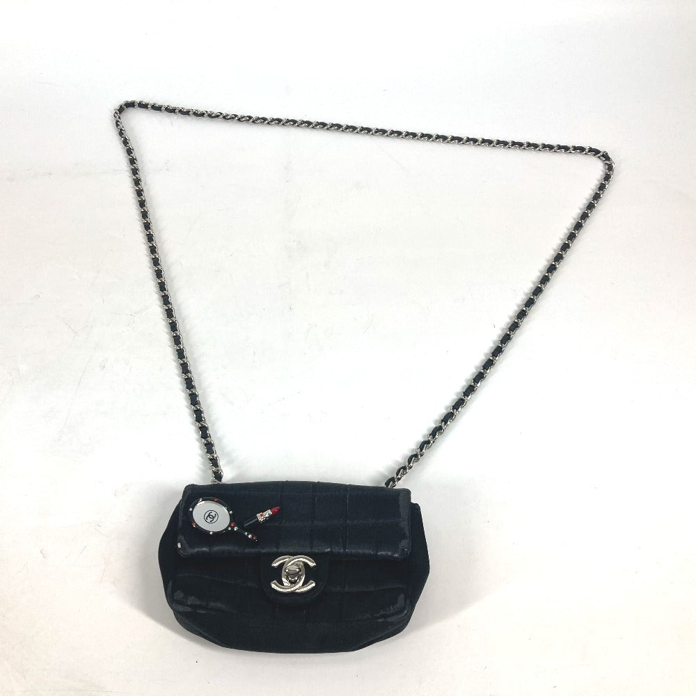 CHANEL Shoulder Bag Satin black bag pochette Lipstick Mirror CC COCO Mark Women Used Authentic