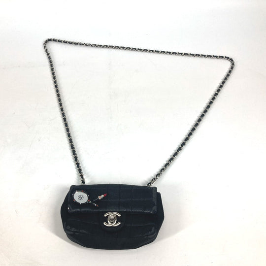 CHANEL Shoulder Bag Satin black bag pochette Lipstick Mirror CC COCO Mark Women Used Authentic