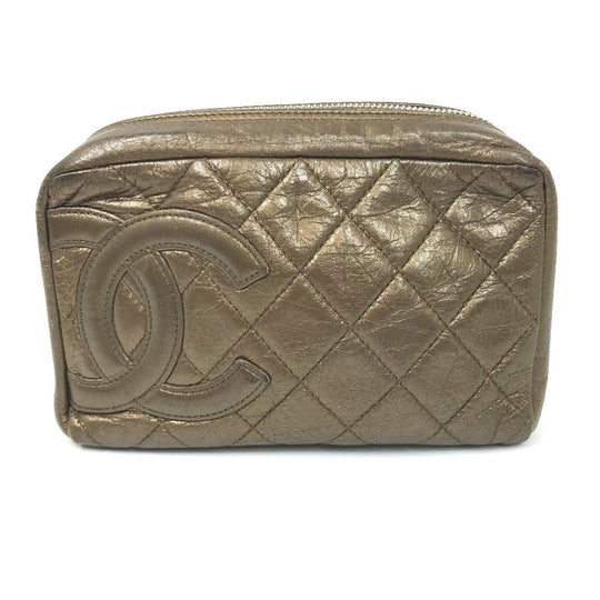 CHANEL Pouch leather gold Cambon line Cosmetics Pouch Quilted Women Used Authentic