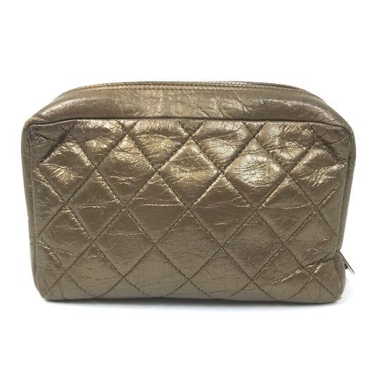 CHANEL Pouch leather gold Cambon line Cosmetics Pouch Quilted Women Used Authentic