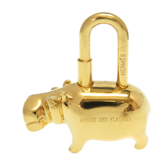 HERMES key ring metal gold ANNEE DES FLEUVES Hippopotamus Bag Charm Women Used Authentic