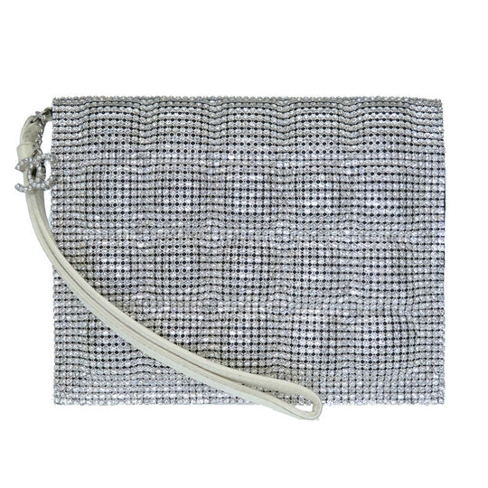 CHANEL Clutch bag Swarovski, Leather Silver rhinestone clutch bag Women Used Authentic