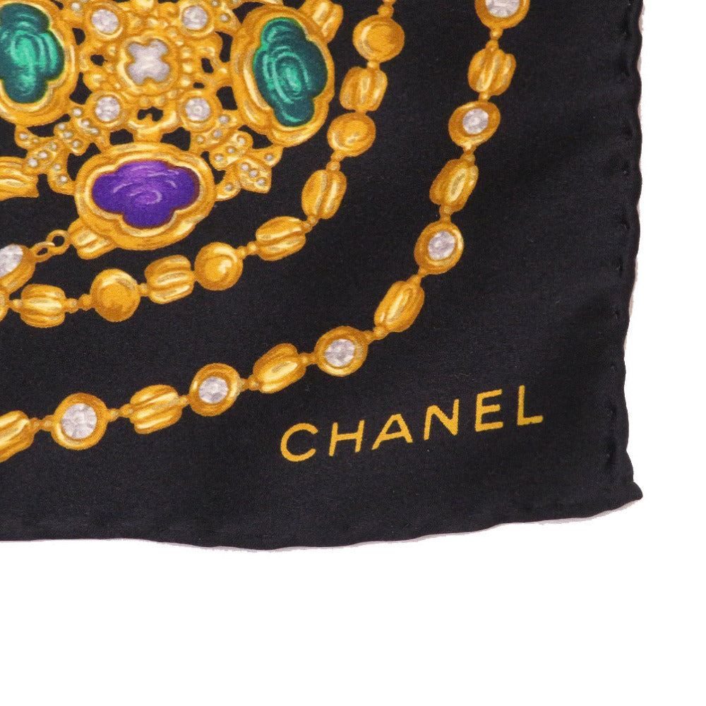 CHANEL scarf silk black Stone necklace motif Women Used Authentic