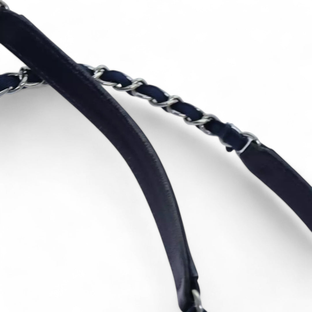 Chanel Deauville Shoulder Bag Canvas Navy Blue Women Handbag Chain Strap