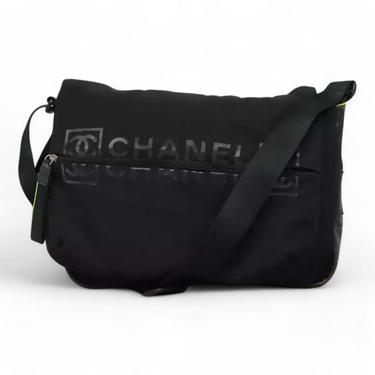 Chanel Sports Shoulder Bag Nylon Black Silver Unisex CC Logo Adjustable Strap