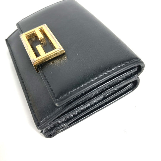 FENDI Trifold wallet 8M0395 leather black logo Women Used Authentic