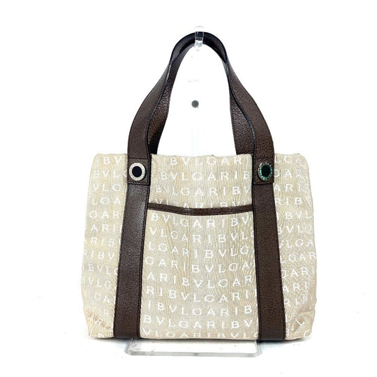 BVLGARI Tote Bag Canvas / leather beige Bag Shoulder Bag Logo mania Women Used Authentic