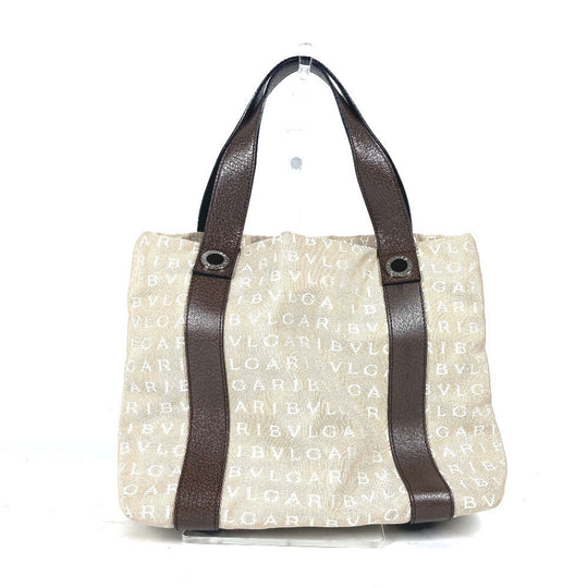 BVLGARI Tote Bag Canvas / leather beige Bag Shoulder Bag Logo mania Women Used Authentic