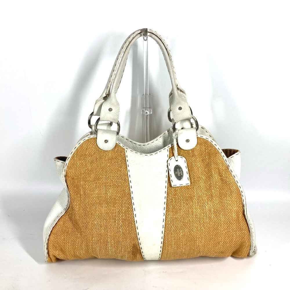 FENDI Shoulder Bag Straw, Leather beige Beach Bag Summer Bag logo selleria Women Used Authentic