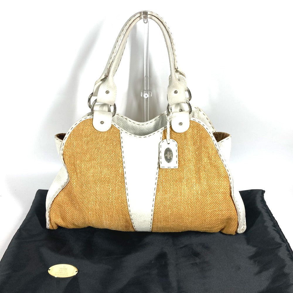 FENDI Shoulder Bag Straw, Leather beige Beach Bag Summer Bag logo selleria Women Used Authentic
