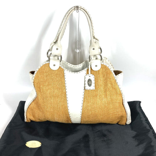 FENDI Shoulder Bag Straw, Leather beige Beach Bag Summer Bag logo selleria Women Used Authentic