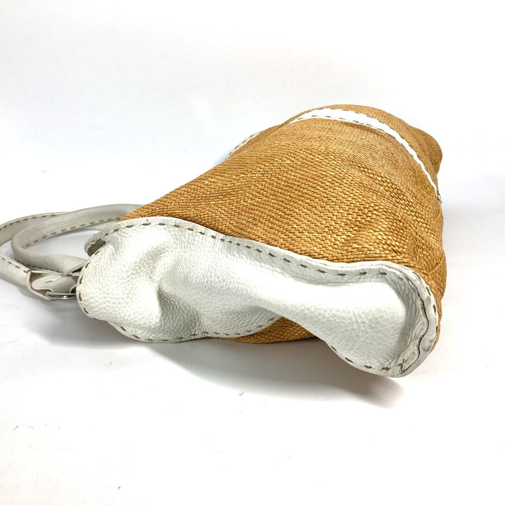 FENDI Shoulder Bag Straw, Leather beige Beach Bag Summer Bag logo selleria Women Used Authentic