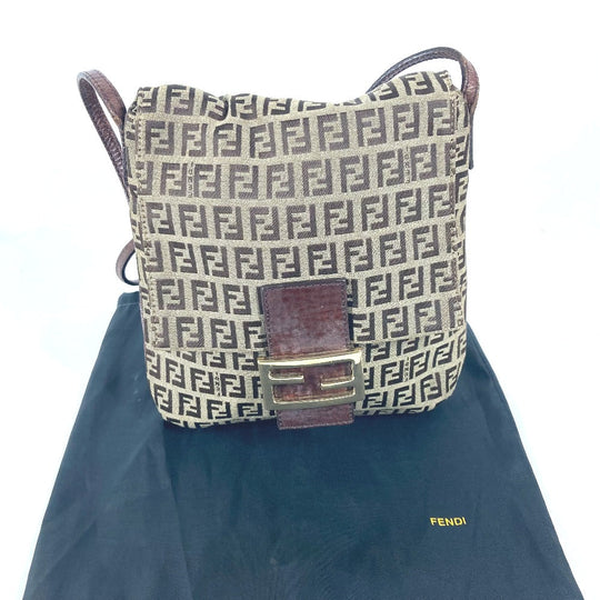 FENDI Shoulder Bag Canvas / leather Brown Zucchino Women Used Authentic