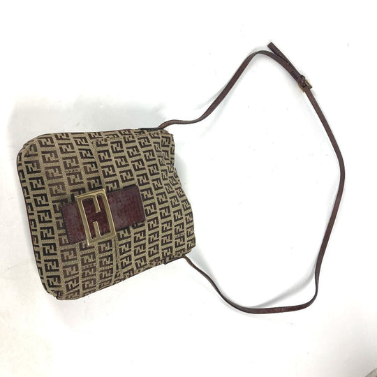 FENDI Shoulder Bag Canvas / leather Brown Zucchino Women Used Authentic
