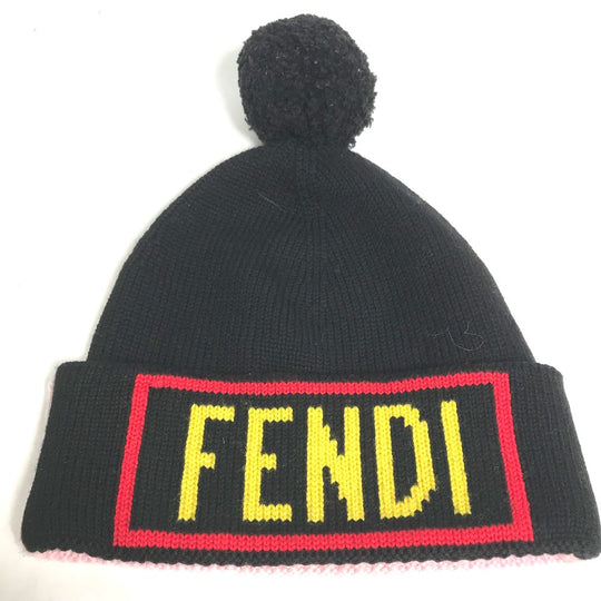 FENDI Knit hat FXQ056 wool pink By color Logo with pom-pom Women Used Authentic