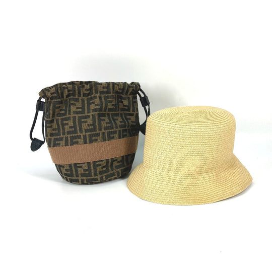 FENDI hat FXQ891 leather beige Handbag AIJE RAFFIA BUCKET Hat Bucket hat & drawstring bag Women Used Authentic