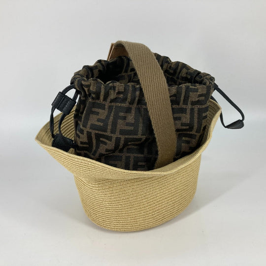 FENDI hat FXQ891 leather beige Handbag AIJE RAFFIA BUCKET Hat Bucket hat & drawstring bag Women Used Authentic