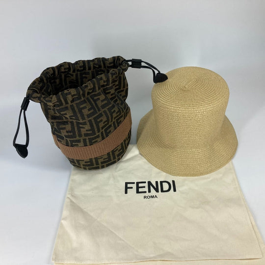 FENDI hat FXQ891 leather beige Handbag AIJE RAFFIA BUCKET Hat Bucket hat & drawstring bag Women Used Authentic