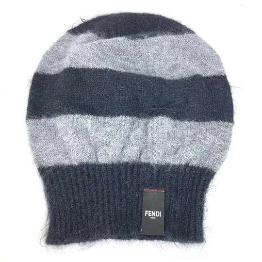 FENDI Knit hat FXQ107 Silk, Mohair black beanie hat knit hat knit cap border mens Used Authentic