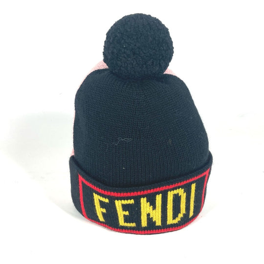FENDI Knit hat FXQ056 wool black beanie hat knit hat knit cap logo mens(Unisex) Used Authentic