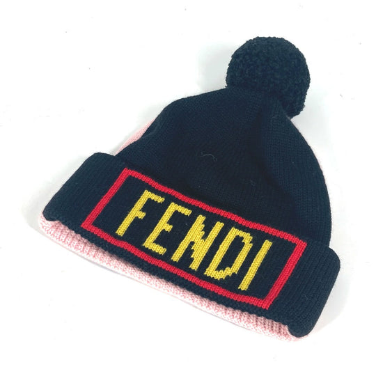 FENDI Knit hat FXQ056 wool black beanie hat knit hat knit cap logo mens(Unisex) Used Authentic