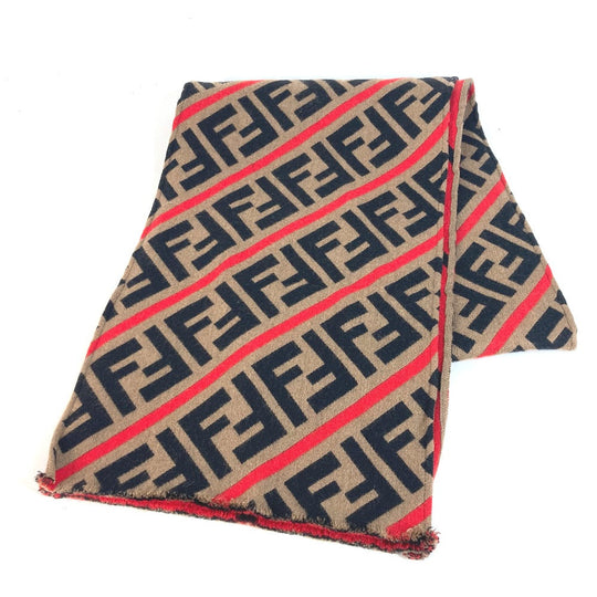 FENDI Scarf wool Brown Zucca logo Women Used Authentic