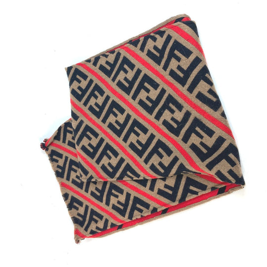 FENDI Scarf wool Brown Zucca logo Women Used Authentic