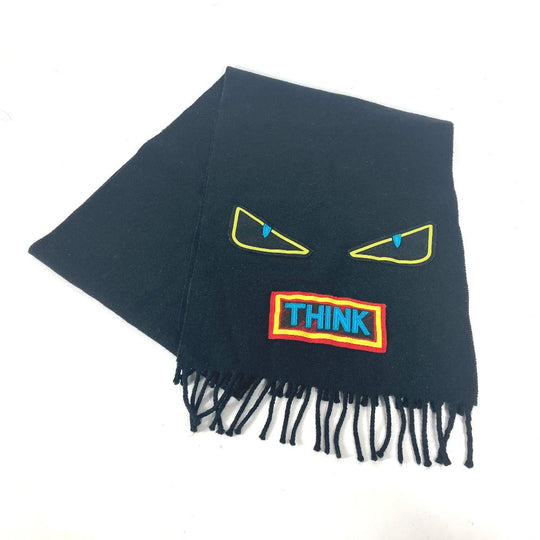 FENDI Scarf wool black Monster emblem logo mens Used Authentic