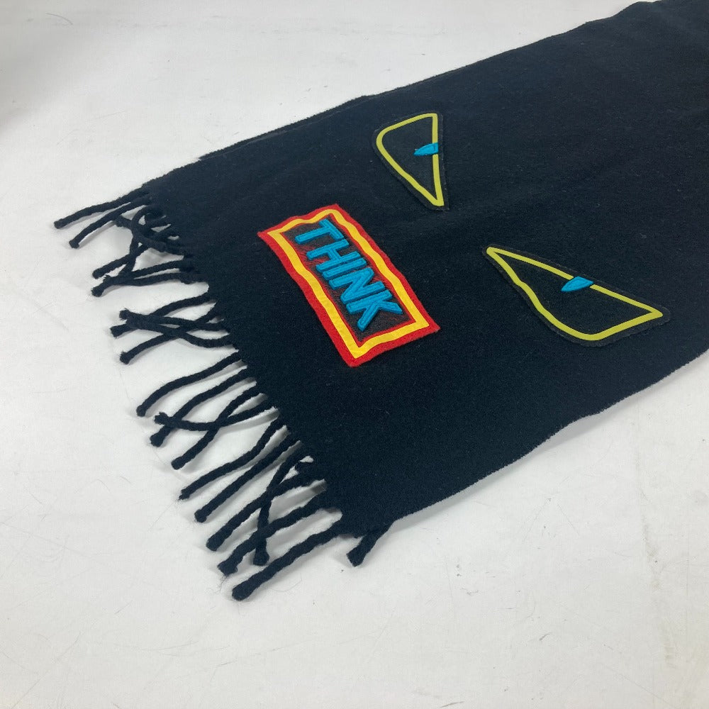 FENDI Scarf wool black Monster emblem logo mens Used Authentic