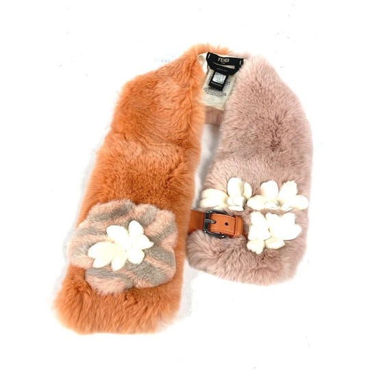 FENDI Scarf fur Orange Flower Tippet Flower Women Used Authentic