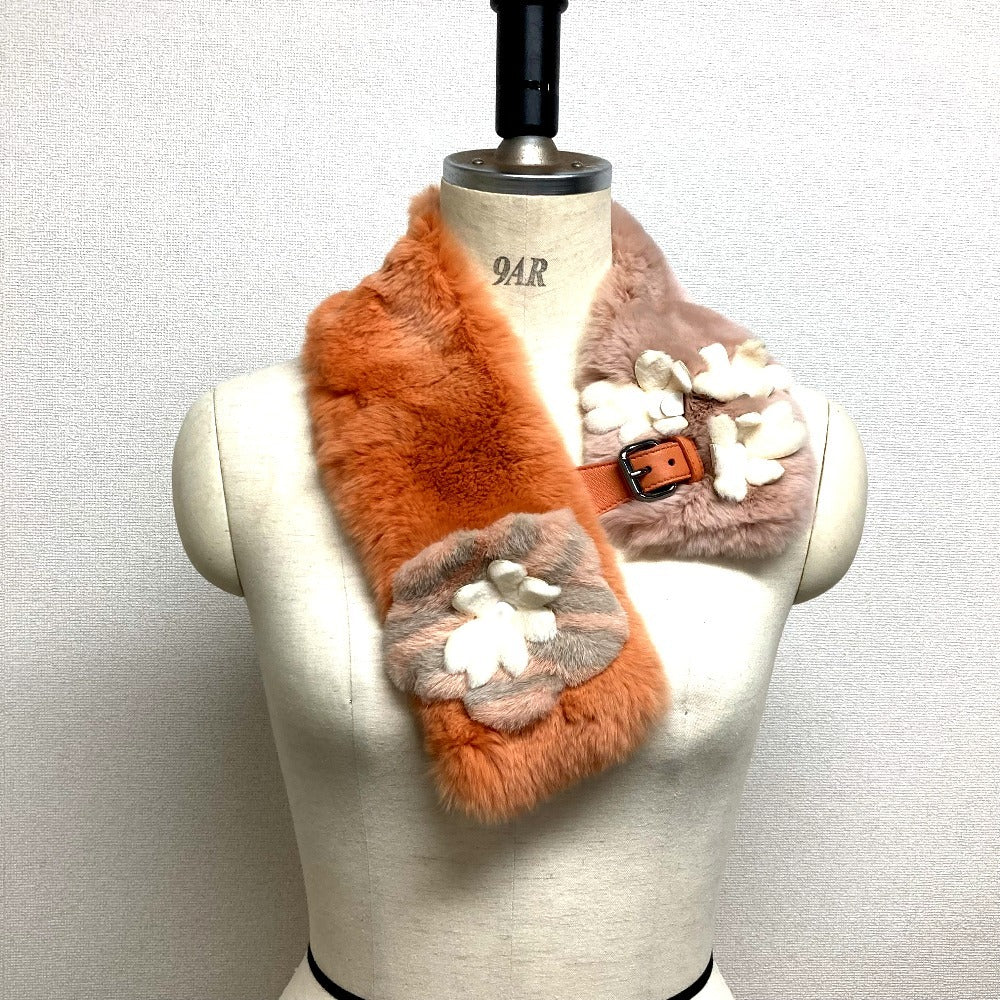 FENDI Scarf fur Orange Flower Tippet Flower Women Used Authentic