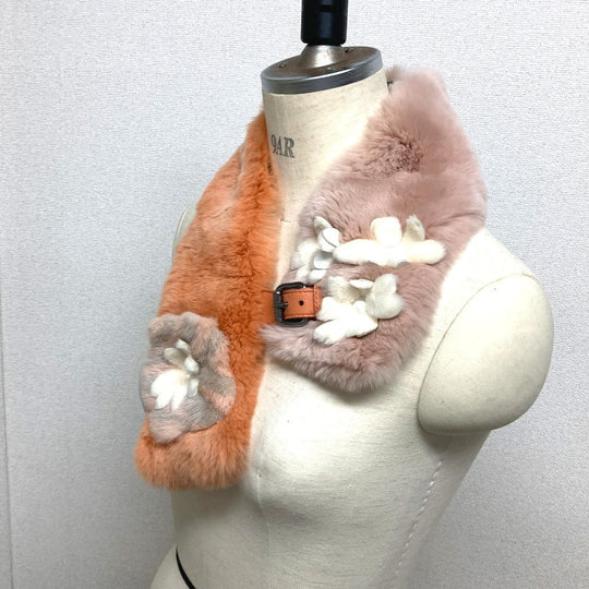 FENDI Scarf fur Orange Flower Tippet Flower Women Used Authentic