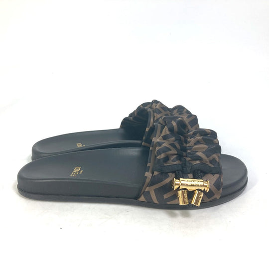 FENDI Sandals 8X8142 polyester Brown Shoes Shower Sandals Pool Sandals Feel Slide Pleated 35