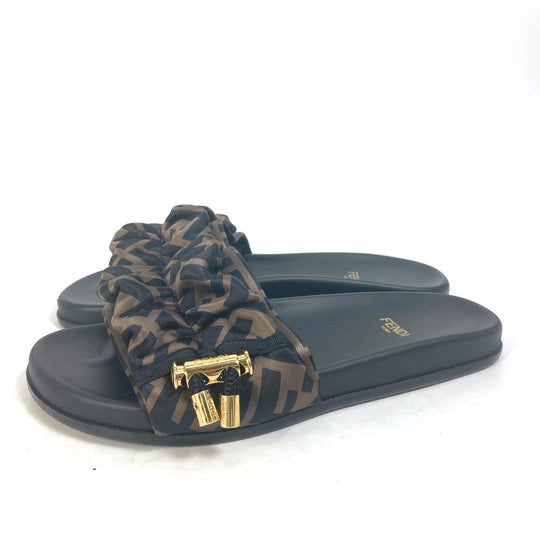 FENDI Sandals 8X8142 polyester Brown Shoes Shower Sandals Pool Sandals Feel Slide Pleated 35