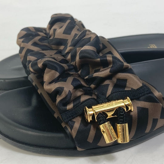 FENDI Sandals 8X8142 polyester Brown Shoes Shower Sandals Pool Sandals Feel Slide Pleated 35