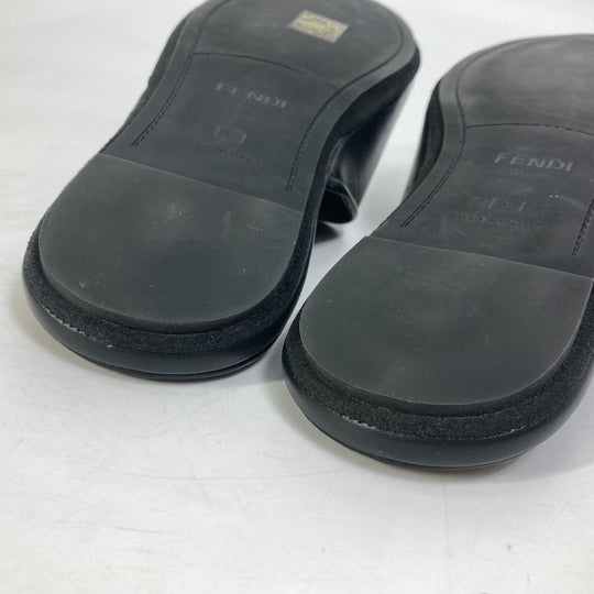FENDI Sandals leather black indoors logo slippers mens 6 Used Authentic
