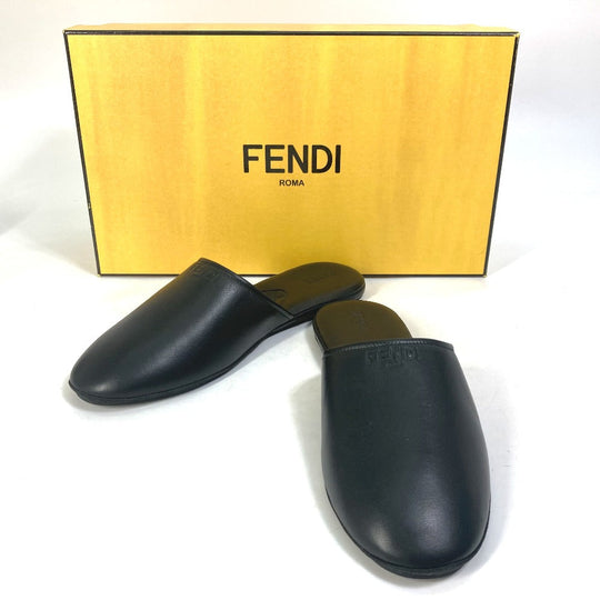 FENDI Sandals leather black indoors logo slippers mens 6 Used Authentic